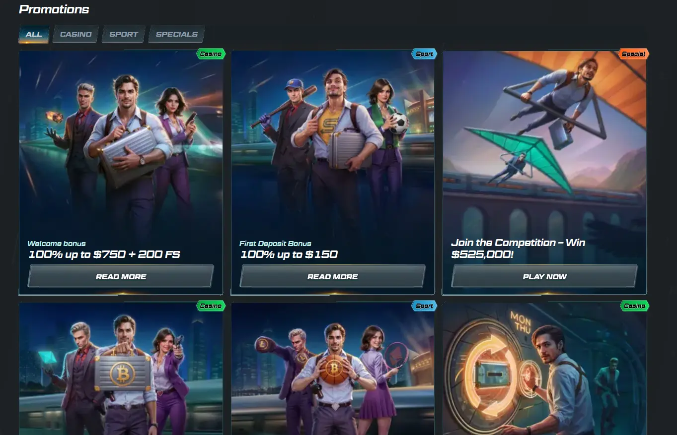 Spinational bonuses page showing the welcome package and ongoing promotions
