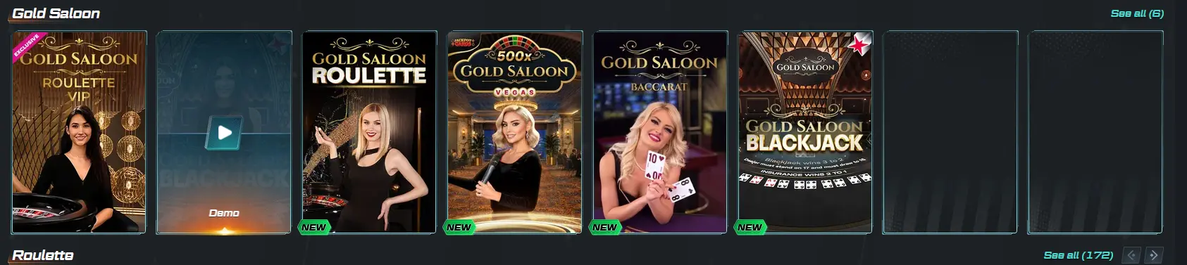 Spinational casino lobby showing the Gold Saloon themed pokie collection and navigation menu