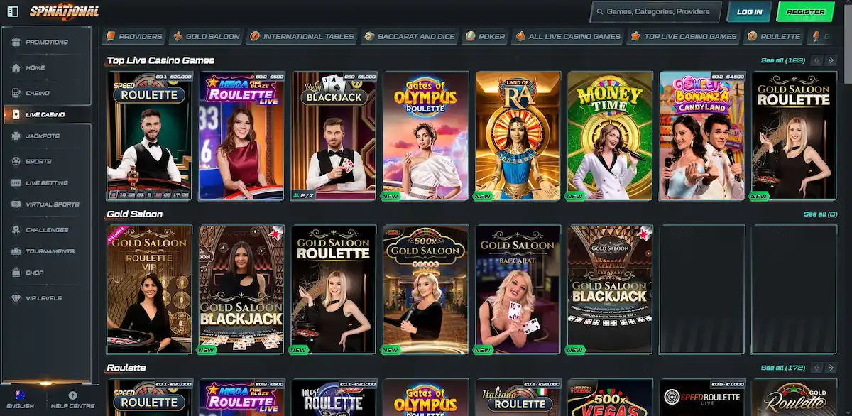 Spinational live casino lobby with live dealer table thumbnails and player counts