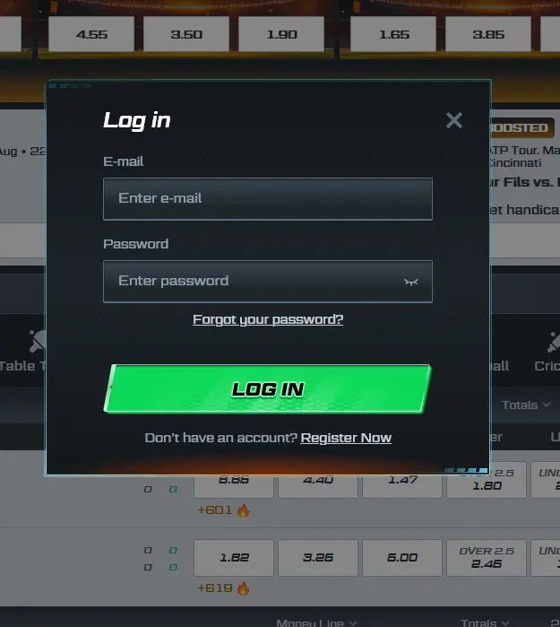 Spinational login screen with email and password fields and a sign-in button