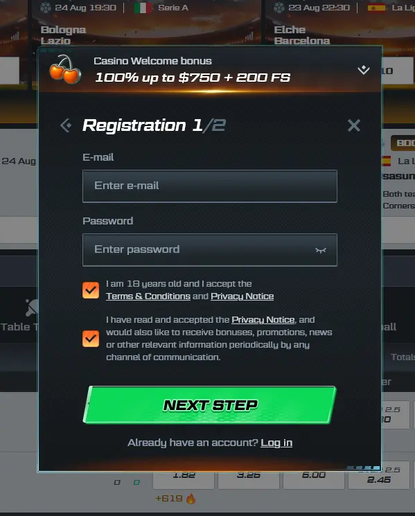 Spinational registration form showing email, password and currency selection fields