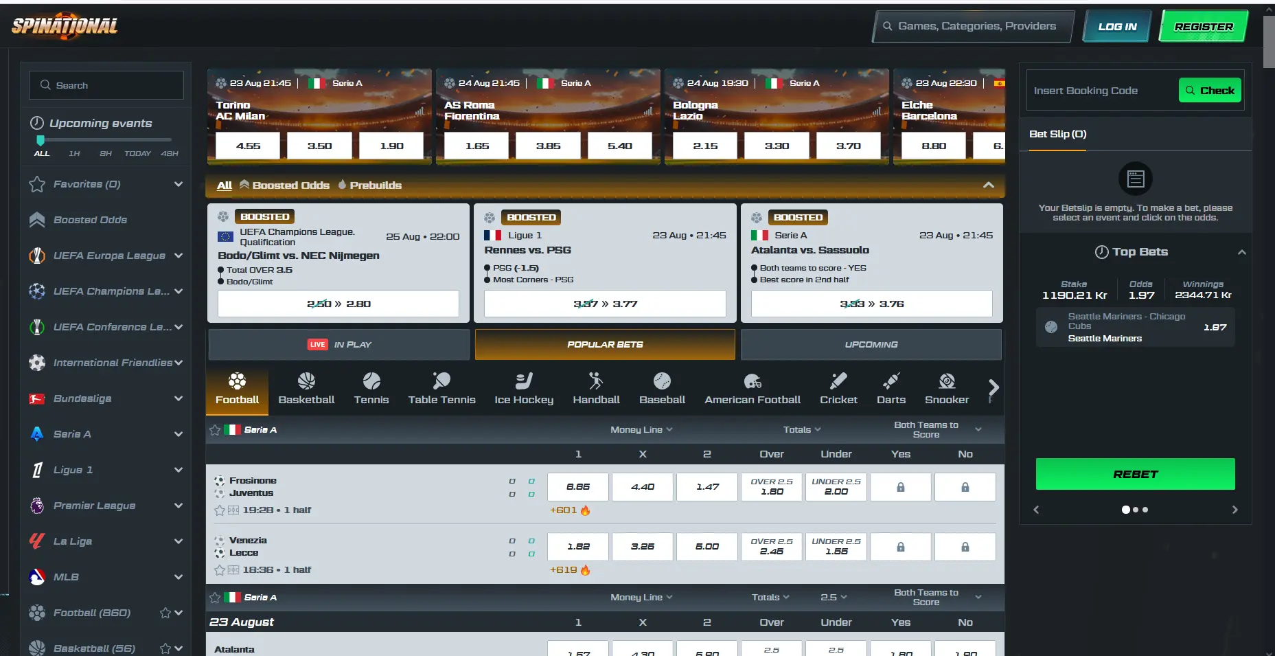 Spinational sportsbook page showing AFL and NRL match odds and betting markets